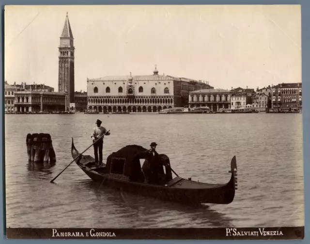 Salviati. Italie, Venezia, Panorama e Gondola  Vintage albumen print.  Tirage