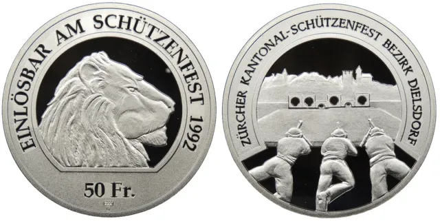 SWITZERLAND Zurich Dielsdorf 1992 50 Francs Shooting Taler Proof