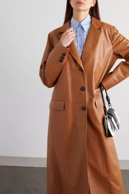 Luxury Women's Dark Tan Leather Long Trench Coat Real Lambsklin Fashion WearCoat