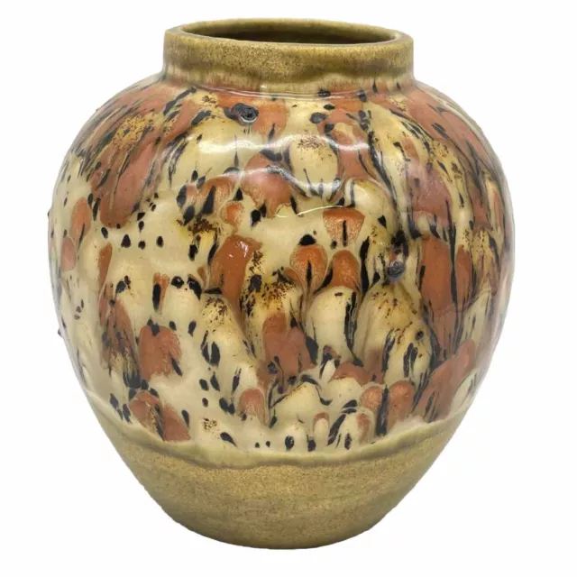 Vintage Holland Mold Art Pottery OrangeBrown Speckled Glazed Urn Vase 6” Tall