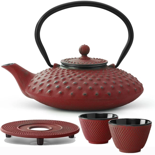Asia Tee Set Gusseisen asiatisch Teekanne Teesieb Becher Untersetzer 0,8 L rot