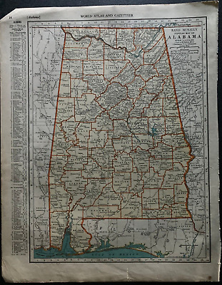 1938 Collier's World Atlas & Gazetteer - 11x14 Map of Alabama & Eastern USA