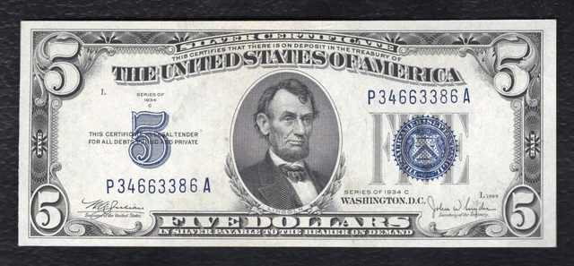 Fr. 1653 1934-C $5 Five Dollars Silver Certificate Note Gem Uncirculated