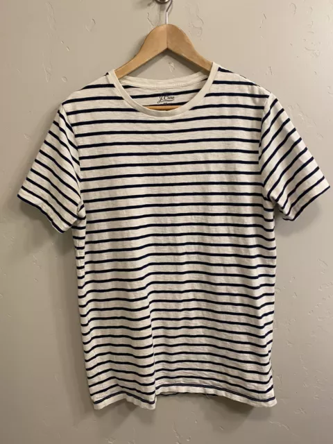 J Crew Men’s Size Medium Tall (MT) Ivory/Navy Deck Stripe Tee Shirt