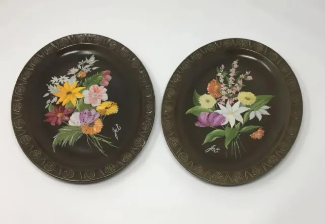 Crown Ducal Floral Wall Plates Hand Painted Pair Vtg Pair Cottagecore Signed x2