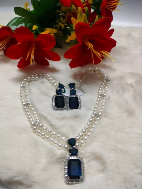 Nouveau Collier de perles et de cristaux de couleur bleue, avec boucles... 2