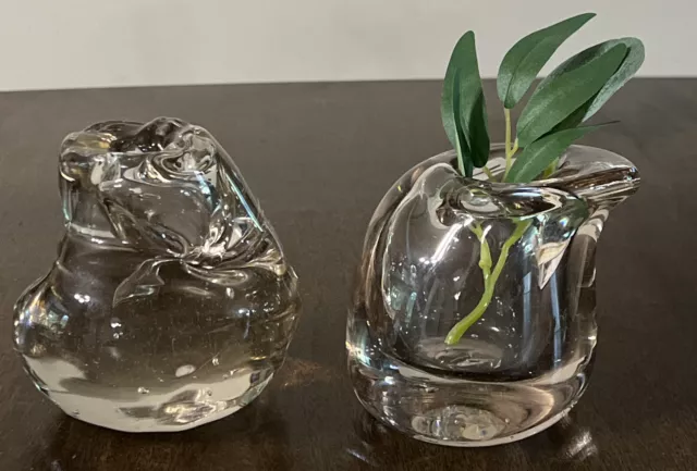 2 Vintage Clear Glass Abstract Art Sculpture Vases Hand Blown HEAVY 4”