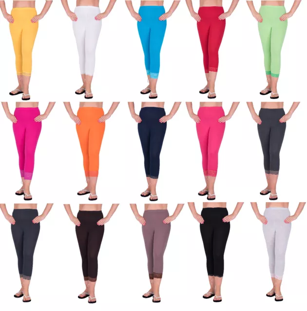 Cropped Leggings With Lace 3/4 Length Casual Cotton Pants Hot Colours Sizes 8-22