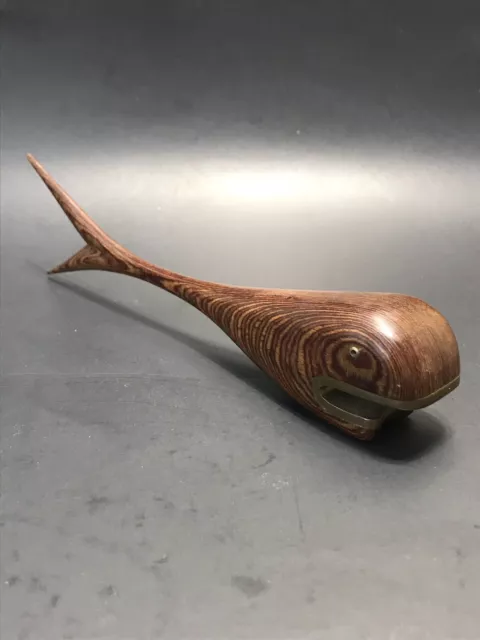 Midcentury Handcrafted Tiger-Wood Whale Figural Bottle Opener Danish Modern