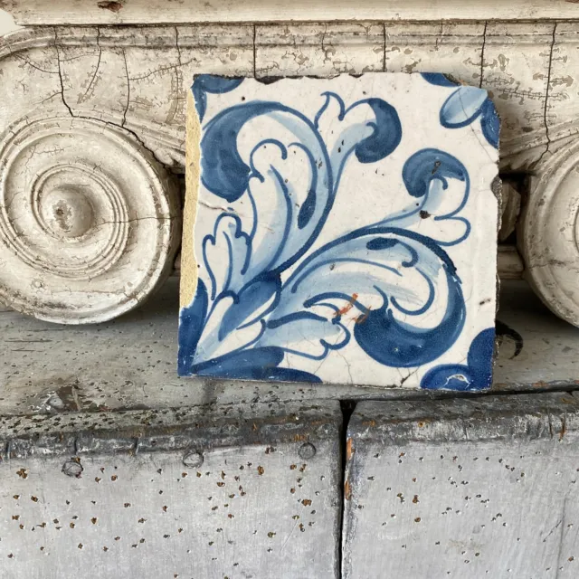 17th century 1600's Antique blue Portuguese Tile handmade hand painted Unique d