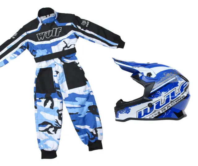 Kids Wulfsport Wulf MX Childs Quad Motocross Overall & Helmet Blue Camo Set #PO2
