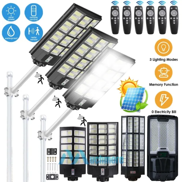 2000W 9900000000lm Commercial Solar Street Light PIR Road Lamp 3 Modes IP67+Pole