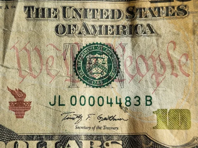 Ten Dollar Federal Note $10 Series 2009 -JL 00004483 B  - LOW SERIAL NUMBER