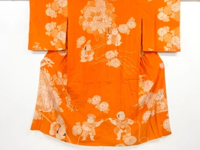 6868697: Japanese Kimono / Antique Juban / Kinsha / Gosho Doll & Floral Kusudama