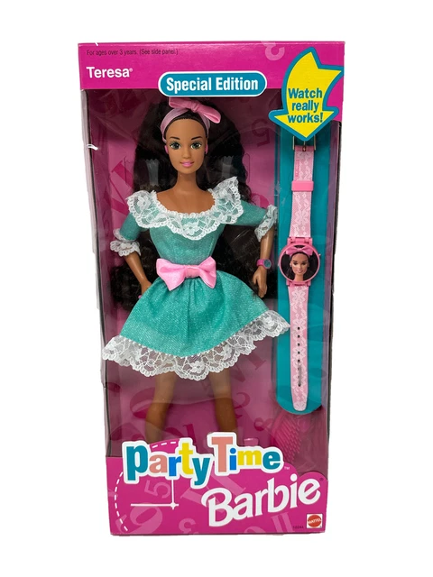 PARTY TIME TERESA BARBIE DOLL W/ Pink Lace Print Watch 1994 NRFB