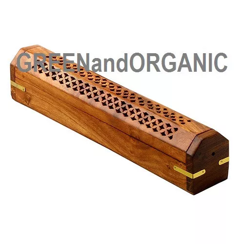 Premium COFFIN BOX INCENSE BURNER Sticks Cones 12" wood Hand Carved Ash Catcher