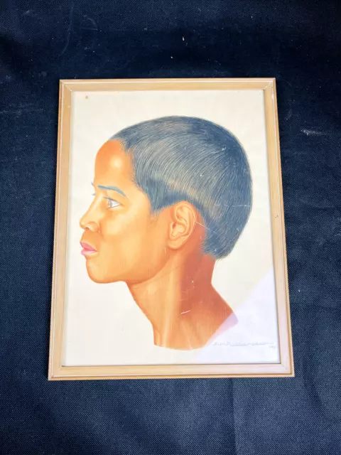 Tableau aquarelle  Portrait de jeune Malgache - Madagascar 1956