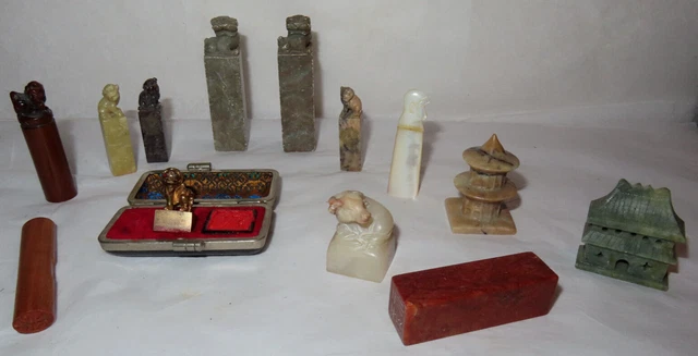 Vintage Chinese Japanese Carved Wax Seals~Hardstone~Wood~MOP~Brass 13