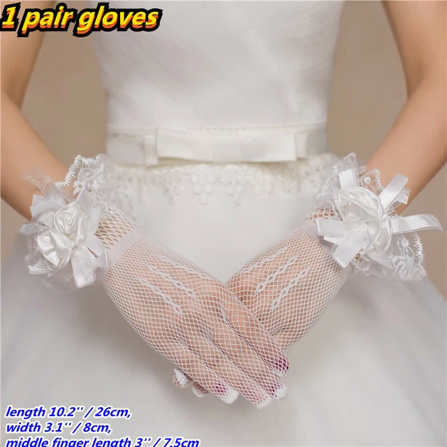 Women Lace Wrist Mesh Gloves White Stretch Short Bow Wedding Bride Accessories 2