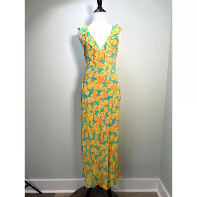 Vintage Betsey Johnson Wrap Dress Medium Turquoise Yellow Rose Floral Silk Midi