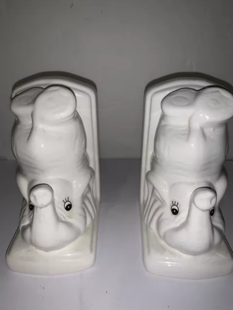 Vintage White Ceramic Elephant Bookends Child Baby Nursery Room Bookshelf Decor