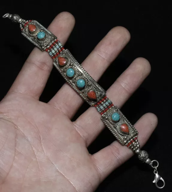 7''Old Tibetan Silver Inlay Turquoise Coral Jewelry Wristband Bracelet Bracelets