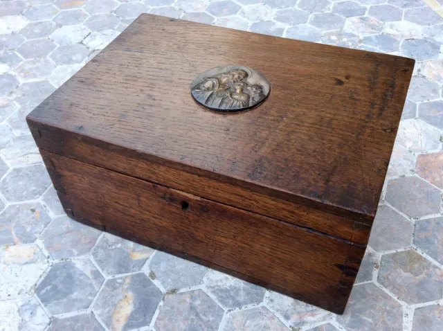 Antique 19th C. Trinket Box,Bronze Religious Plaque Roundel,Church Oak Wood Case