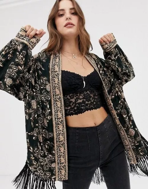 FREE PEOPLE $236 Kaelin Fringe Embellished Lined Kimono Jacket Top Size XS