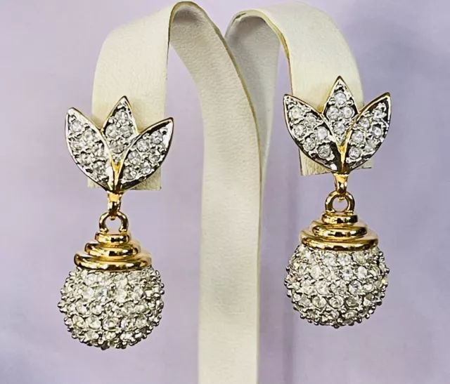 Vintage Swarovski Swan Signed Gold Plated Dangle Ball Clip Pave Crystal Earrings