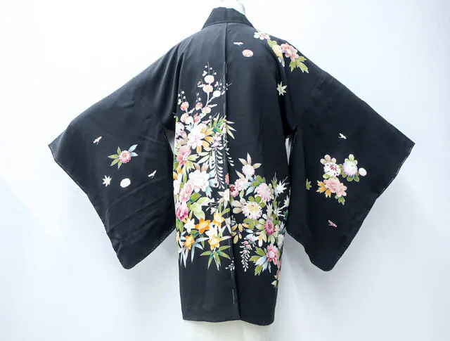 Vintage Japanese Kimono Haori Jacket Flower Gold thread Black EB-2