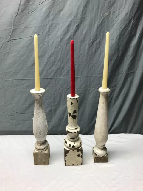 Set 3 Turned Wood Shabby Spindles Chunky Candle Stick Holders Old VTG 2079-23B