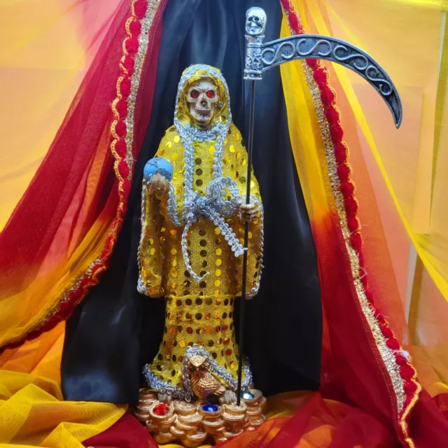 SANTA MUERTE Yellow Statue 13",Shiny cloak Holy Death Grim Reaper money  stand