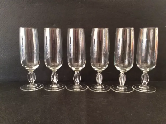 vintage très jolie lot de 6 flutes a champagne en verre pied torse en relief