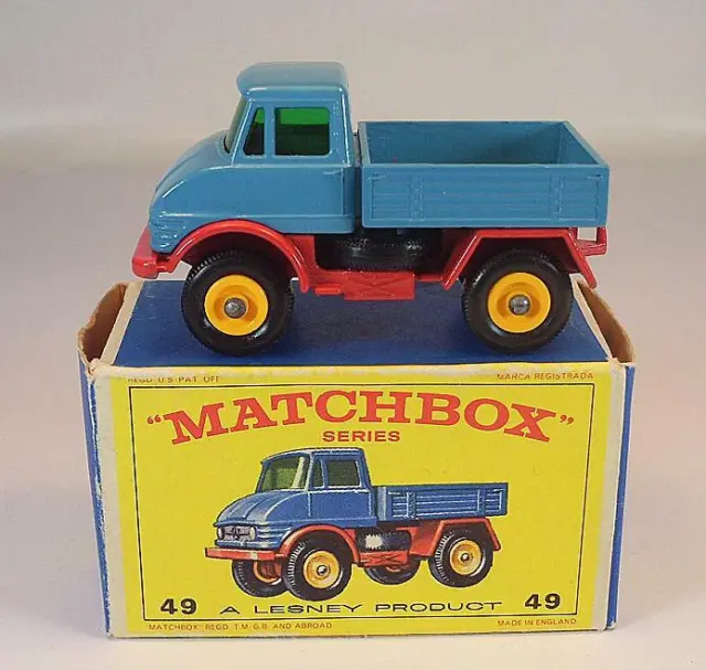 Matchbox Regular Wheels Nr. 49 B Mercedes Unimog blue/red BPW E4-Box #1150