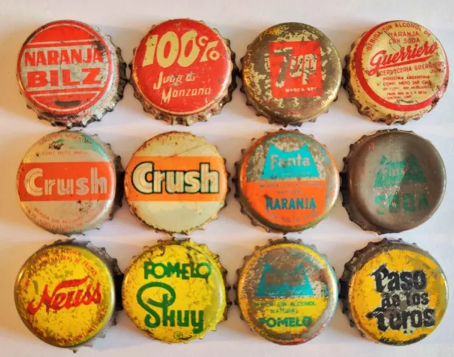 12 Antique Cork Soda Pop Bottle Cap Crowns From Argentina NO DUPLICATES! Crimped