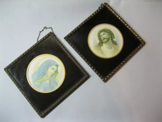 2 alte antike Heiligenbilder in Metall-Rahmen Josef und Maria