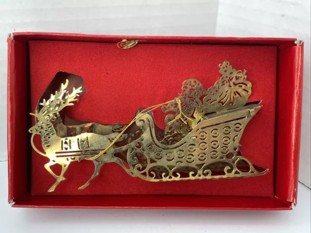 Vintage Santa Claus Sleigh Reindeer Ornament 3D Die Cut Brass Very Detailed 4"