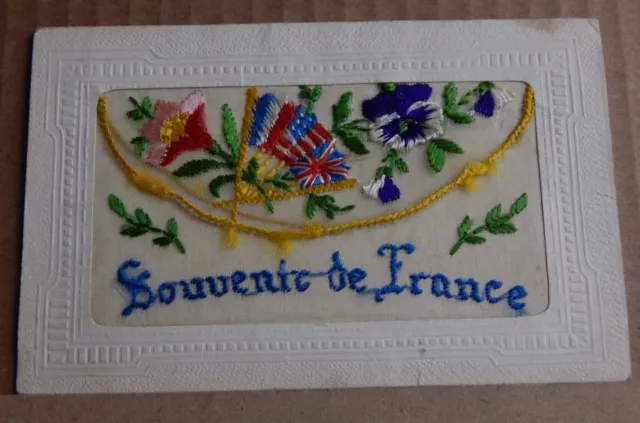 WW1 Silk postcard Souvenir De France Allied Flags Pansies