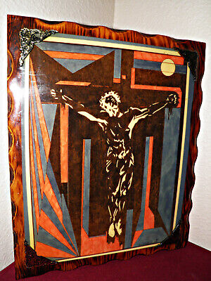 Retro 1989 New Wave Jesus on Cross drawing in ink signed on board w/resin R2Hang