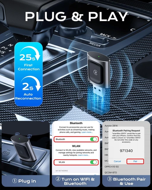 Wire-less Carplay Adapter, Adattatore Carplay Wireless,Connessione