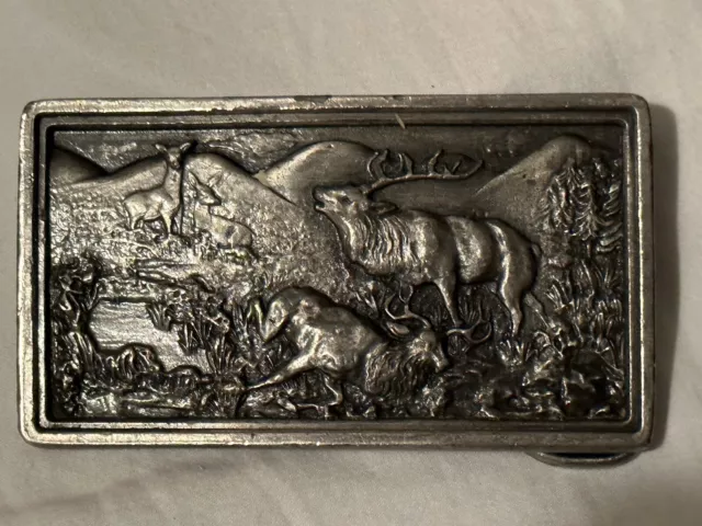 Vintage 1977 Bergamot Brass Works Deer/Elk Scene Belt Buckle. F-144. Made in USA