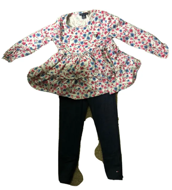 Tommy Hilfiger Little Girls 2-Pc. Long Sleeve Flower top and blue leggings sz 5