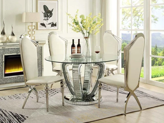 5 piece Kitchen Dining Set - Round Glass Top Metal Base Table & White Chairs CA2