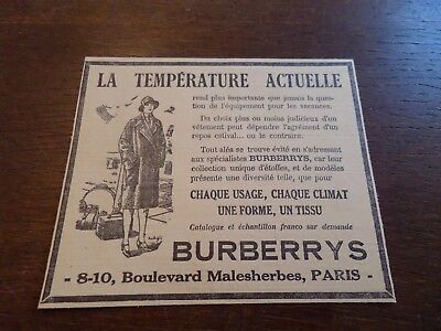 Publicité ancienne 1928 BURBERRYS Paris mode vêtement manteau Pub 13,5 x 11 