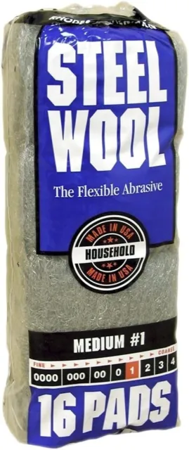 Homax 106604 Steel Wool Pad, #1 Grit, Medium, Gray, 16 Pads per Pack