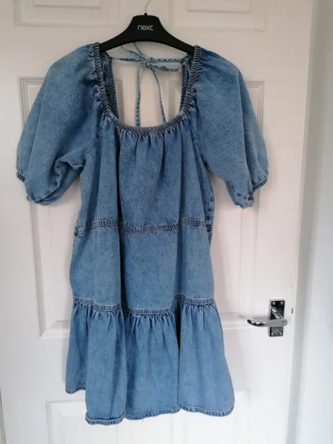 River Island Denim Puff Sleeve Tiered Mini Dress. Size Med. Bnwl