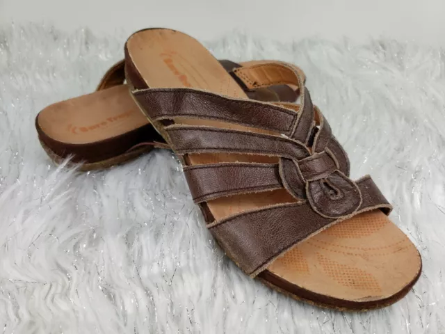 Bare Traps "Garnie" Brown Leather Slip On Open Toe Slides Sandals Shoes Size 8