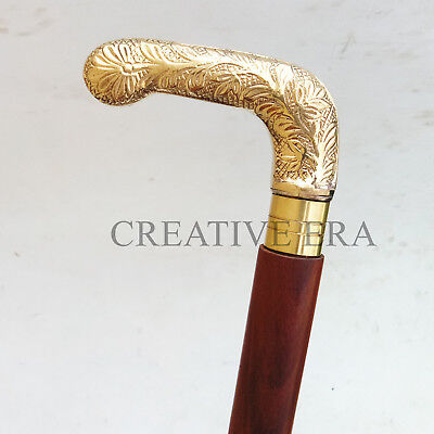 Antique Brass Golden Handle Style Brown Wooden Walking Stick Cane Designer Gift