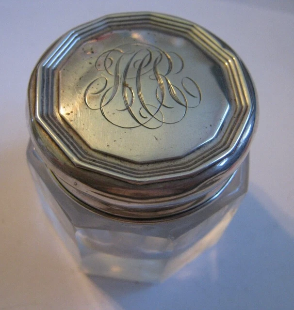 Webster 1910s Sterling & Glass Dresser Jar, Small 1 5/8" Size, Fancy Monogram 2 Webster 1910s Sterling & Glass Dresser Jar, Small 1 5/8" Size, Fancy Monogram 2