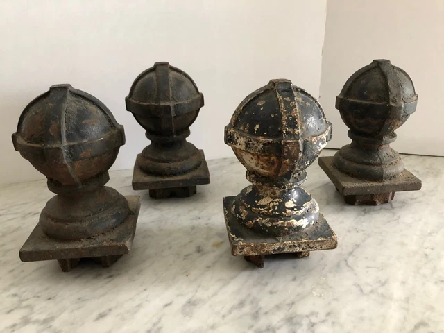 ANTIQUE Large Cast Iron Fence Newel Post Cannon Ball Strapped Ball Finials Set 4